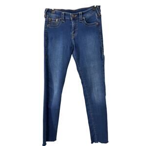 True Religion Jennie Curvy Skinny Jeans 27 Dark Wash Gold Stitch Raw Hem 90s